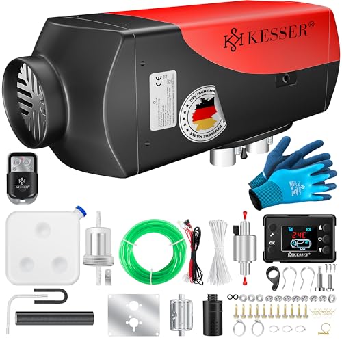 KESSER® Standheizung Diesel 8kW Dieselheizung 12V/24V mit Timer, LCD-Display & Fernbedienung | Schnelles Aufheizen | Lufterhitzer mit Schalldämpfer & Thermostat (Rot, 8KW) von KESSER
