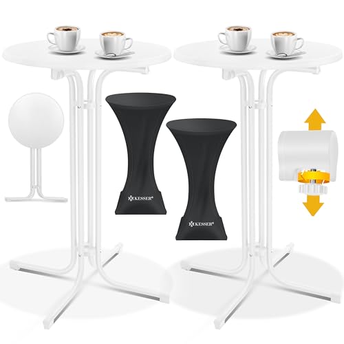 KESSER® Gastro Stehtisch klappbar Bistrotisch 2er Set | Pulverbeschichtete Edelstahlplatte | höhenverstellbare Füße | Party-Tisch Ø 70cm | In- & Outdoor | Empfangstisch | Klapptisch inkl. Husse Weiß von KESSER