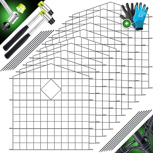 KESSER® Teichzaun Gartenzaun Steckzaun Komplettset Metall 10x Oberbogen Spitz Inkl. Handschuhe, 2x Hammer + 12 Befestigungsstäben, Zaun zum stecken für Garten, Gitterzaun Set Freigehege für Tiere von KESSER