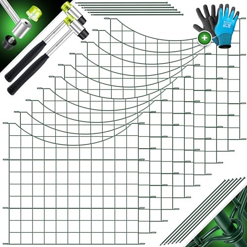 KESSER® Teichzaun Gartenzaun Steckzaun Komplettset Metall 10x Unterbogen Rund Inkl. Handschuhe, 2x Hammer + 12 Befestigungsstäben, Zaun zum stecken für Garten, Gitterzaun Set Freigehege für Tiere von KESSER