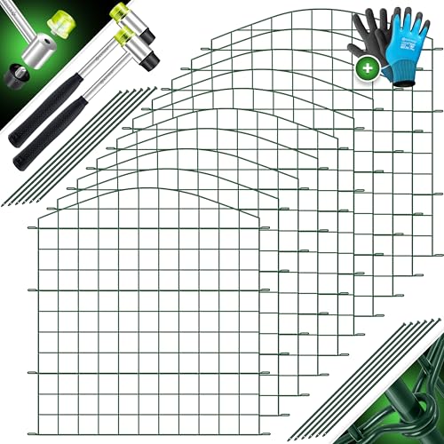 KESSER® Teichzaun Gartenzaun Steckzaun Komplettset Metall 10x Oberbogen Rund Inkl. Handschuhe, 2x Hammer + 12 Befestigungsstäben, Zaun zum stecken für Garten, Gitterzaun Set Freigehege für Tiere von KESSER