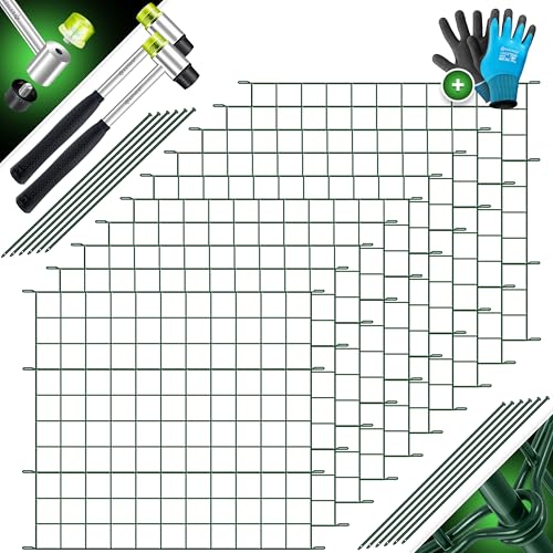 KESSER® Teichzaun Gartenzaun Steckzaun Komplettset Metall 10x Gerade Inkl. Handschuhe, 2x Hammer + 12 Befestigungsstäben, Zaun zum stecken für Garten, Gitterzaun Set Freigehege für Tiere von KESSER