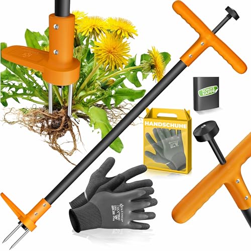 KESSER® Unkrautstecher mit Stiel | Unkrautentferner mit T-Griff & Fußpedal | Gartenwerkzeug effizientes Entfernen von Unkraut 3 Stahlzähne & Sprungfeder | Wurzelentferner mit Handschuhe & Schutzkappe von KESSER