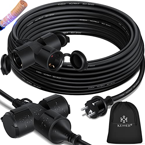 KESSER® Verlängerungskabel 15m Mehrfachstecker mit 3 x Schuko Stecker mit Schutzkappe - Outdoor - für Innenbereich Außenbereich - Verlängerung Verteilerkabel – 230 V IP44 - Baustellenkabel Stromkabel von KESSER