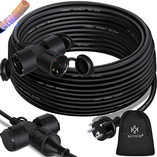 KESSER® Verlängerungskabel 25m Mehrfachstecker mit 3 x Schuko Stecker mit Schutzkappe - Outdoor - für Innenbereich Außenbereich - Verlängerung Verteilerkabel – 230 V IP44 - Baustellenkabel Stromkabel von KESSER