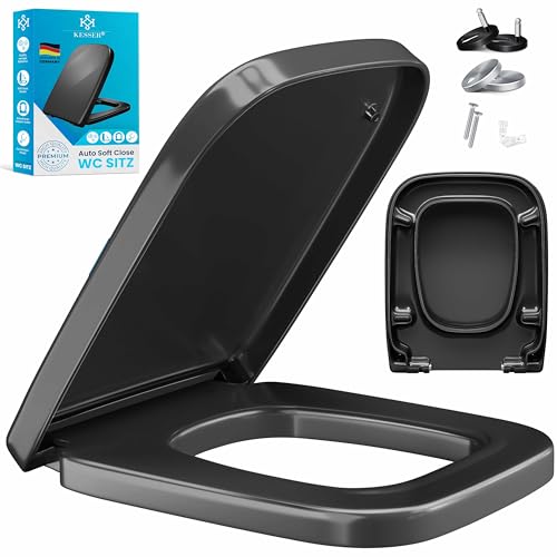 KESSER® WC Sitz mit Absenkautomatik Toilettendeckel Quick-Release-Funktion und Softclose - einfache Montage Klodeckel aus Duroplast Toilettensitz mit Edelstahl Befestigung (Wc Sitz E-Form - Schwarz) von KESSER