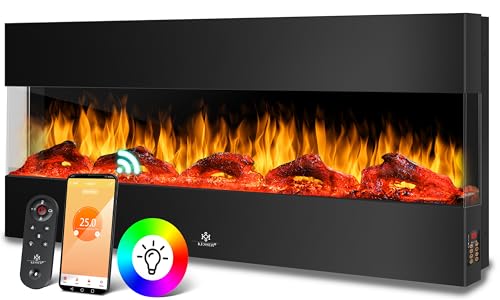 KESSER® Wandkamin Elektrokamin 3D Elektrischer 117cm Kamin mit Heizung 9 Farbmodi LED Flammeneffekt, 900/1800 W Kaminofen Wand und Einbaukamin Wandmontage Heizung App-Funktion Fernbedienung schwarz von KESSER