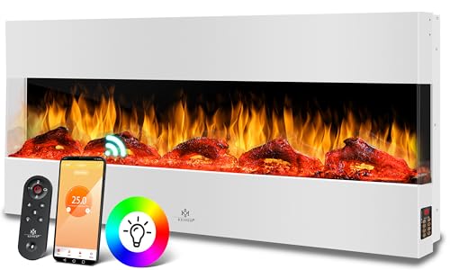 KESSER® Wandkamin Elektrokamin 3D Elektrischer 117cm Kamin mit Heizung 9 Farbmodi LED Flammeneffekt, 900/1800 W Kaminofen Wand und Einbaukamin Wandmontage Heizung App-Funktion Fernbedienung weiß von KESSER