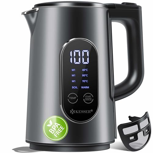 KESSER® Wasserkocher Edelstahl 1.7 Liter | LED-Anzeige | 4-Modi Temperatureinstellung 40°C-100°C | 30min Warmhalten | elektrischer Teekocher 2200W BPA-Frei | Kalkfilter & Easy-Open-Deckel, Anthrazit von KESSER