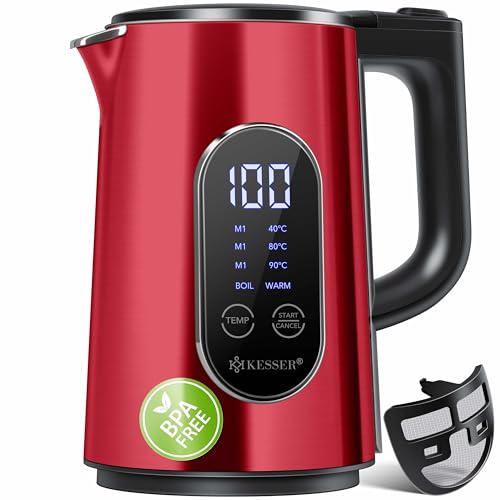 KESSER® Wasserkocher Edelstahl 1.7 Liter | LED-Anzeige | 4-Modi Temperatureinstellung 40°C-100°C | 30min Warmhalten | elektrischer Teekocher 2200W BPA-Frei | Kalkfilter & Easy-Open-Deckel, Bordeaux von KESSER