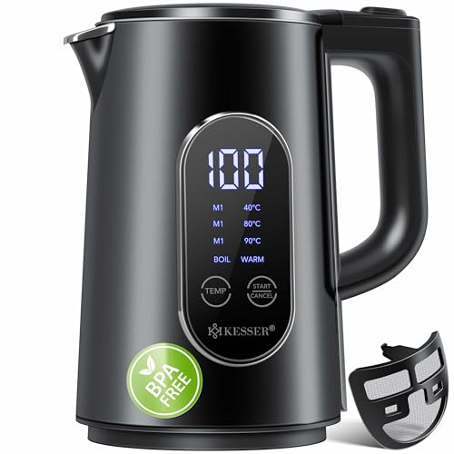 KESSER® Wasserkocher Edelstahl 1.7 Liter | LED-Anzeige | 4-Modi Temperatureinstellung 40°C-100°C | 30min Warmhalten | elektrischer Teekocher 2200W BPA-Frei | Kalkfilter & Easy-Open-Deckel, Schwarz von KESSER