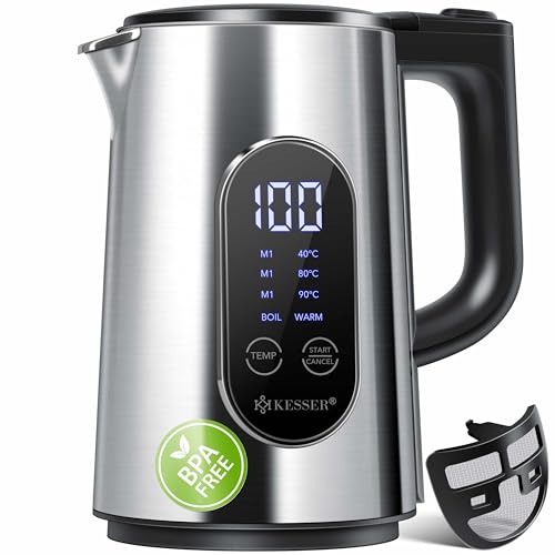 KESSER® Wasserkocher Edelstahl 1.7 Liter | LED-Anzeige | 4-Modi Temperatureinstellung 40°C-100°C | 30min Warmhalten | elektrischer Teekocher 2200W BPA-Frei | Kalkfilter & Easy-Open-Deckel, Silber von KESSER
