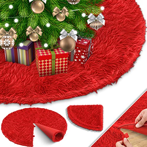 KESSER® Weihnachtsbaumdecke Tannenbaum Decke Christbaumdecke kunstfell Ø 122cm, Rund Teppich Filz Plüsch für Schnee Christbaum Weihnachtsbaum Deko Dekorationen Rot von KESSER