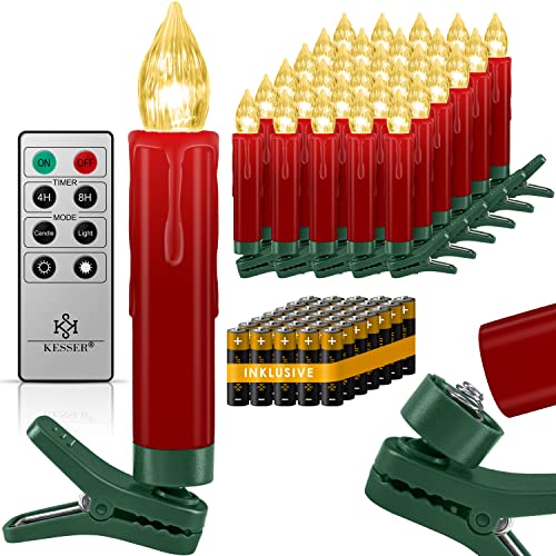 KESSER® Weihnachtsbaumkerzen 30 LED Inkl. Batterien Kabellos – Mehrfarbig - mit Fernbedienung – Timerfunktion - Flackern - Dimmbar Weihnachtskerzen Christbaumkerzen Befestigungsklammern Kerzen Rot von KESSER