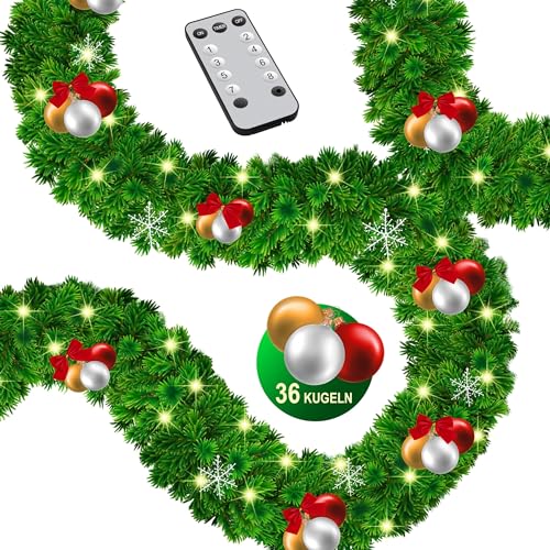 KESSER® Weihnachtsgirlande 5m mit Beleuchtung 100 LED's inkl Deko Fernbedienung - Timer - Lichterkette 7 Leuchteffekte - Weihnachtsbeleuchtung - In & Outdoor - Tannen-girlande Weihnachtsdeko von KESSER