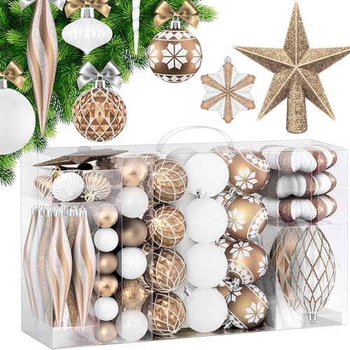 KESSER® Weihnachtskugeln 135-teiliges Set, mit Baumspitze Christbaumkugeln Kunststoff Bruchsicher Plastik Weihnachtsbaumkugeln Box Weihnachtsbaum Weihnachtsdeko Deko (Champagne/Weiß) von KESSER