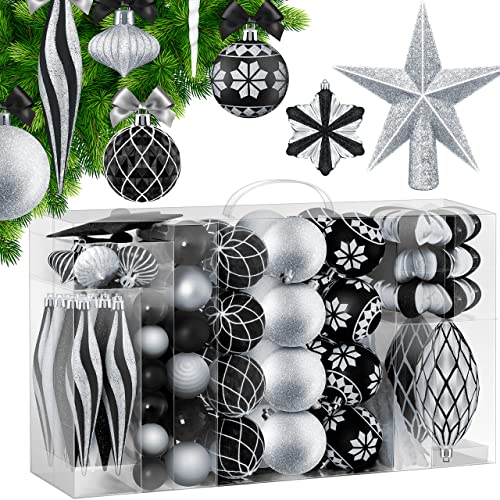 KESSER® Weihnachtskugeln 135-teiliges Set, mit Baumspitze Christbaumkugeln Kunststoff Bruchsicher mit Plastik Weihnachtsbaumkugeln Box Weihnachtsbaum Weihnachtsdeko & Christbaumschmuck Schwarz/Silber von KESSER