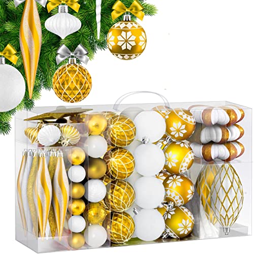 KESSER® Weihnachtskugeln 135-teiliges Set Gold/Weiß, mit Baumspitze Christbaumkugeln Kunststoff Bruchsicher mit Plastik Weihnachtsbaumkugeln Box Weihnachtsbaum Deko & Christbaumschmuck von KESSER