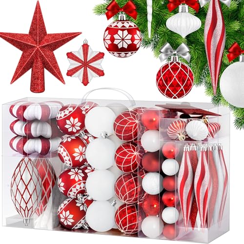 KESSER® Weihnachtskugeln 135-teiliges Set Rot/Weiß, mit Baumspitze Christbaumkugeln Kunststoff Bruchsicher mit Plastik Weihnachtsbaumkugeln Box Weihnachtsbaum Deko & Christbaumschmuck von KESSER