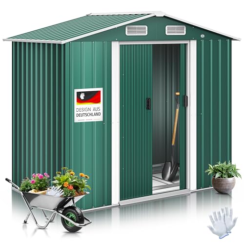 KESSER® XL Metall Gerätehaus 4,2m³ mit Fundament | Inkl. Arbeitshandschuhe | 195x131x186cm | 2X Schiebetür & Fundament | Geräteschuppen | Gartenhaus Schrank | Satteldachdach Garten Schuppen Grün von KESSER
