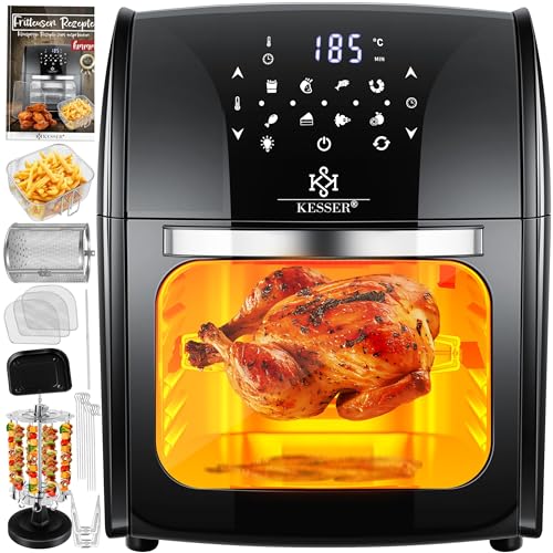 KESSER® XXL Airfryer 9in1 Heißluftfritteuse Fritteuse, | Drehgrill | Dörrautomat | Rezeptheft | Grillspieß | 1800 Watt | fettfrei grillen ohne Öl | 8 Programme | inkl. Zubehör Schwarz von KESSER