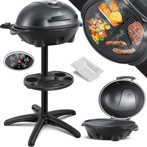 KESSER® elektrischer Elektrogrill 2in1 Tischgrill - Standgrill mit Deckel Standfuß | max. 2400 Watt Thermometer | Antihaftbeschichtung | XXL Grillplatte | integrierte Ablagefläche Elektro-Säulengrill von KESSER