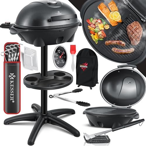 KESSER® elektrischer Elektrogrill 2in1 Tischgrill-Standgrill mit Deckel Standfuß, max. 2400 Watt Thermometer, Antihaftbeschichtung XXL Grillplatte, Ablagefläche Elektro-Säulengrill, Inkl. Grill- Set von KESSER