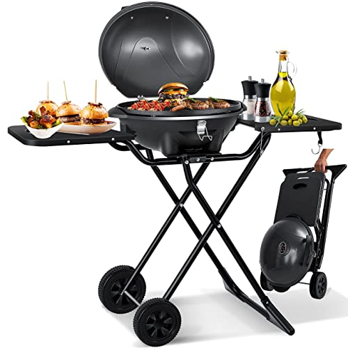 KESSER® elektrischer Elektrogrill 2in1 Tischgrill - Standgrill mit Deckel und Standfuß | max. 2400 Watt | Faltbar | Thermometer | Antihaftbeschichtung | Grillplatte Abstelltische | 2 Räder | Schwarz von KESSER