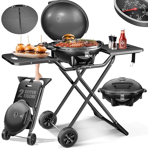 KESSER® elektrischer Elektrogrill 2in1 Tischgrill - Standgrill mit Deckel und Standfuß | max. 2400 Watt | Faltbar | Thermostat | Antihaftbeschichtung | Grillplatte Abstelltische | 2 Räder von KESSER
