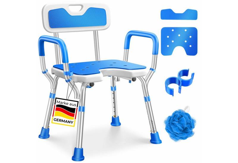 KESSER Badhocker Duschhocker mit Lehne höhenverstellbar in 6 Stufen 38-54cm (Duschstuhl mit Brausehalterung, Anti-Rutsch Füße & Matten), Duschsitz 150KG belastbar Duschhilfe Senioren & Schwangere von KESSER