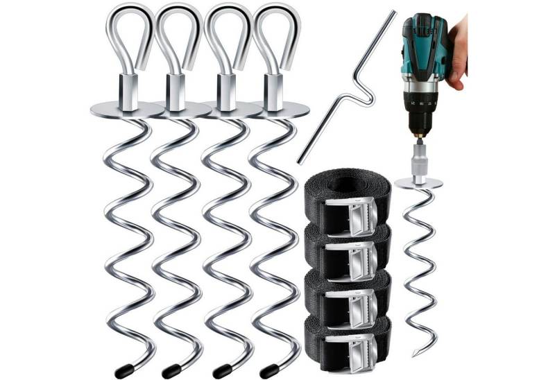KESSER Bodenanker 4 Erdanker 9-teiliges Set Befestigung für Trampolin Schaukel Pavillon, (Partyzelt, Gartenhaus, Schaukel, Zelt), aus 1cm Ø Edelstahl Zum Eindrehen, + 4 Gurte + Drehhilfe von KESSER