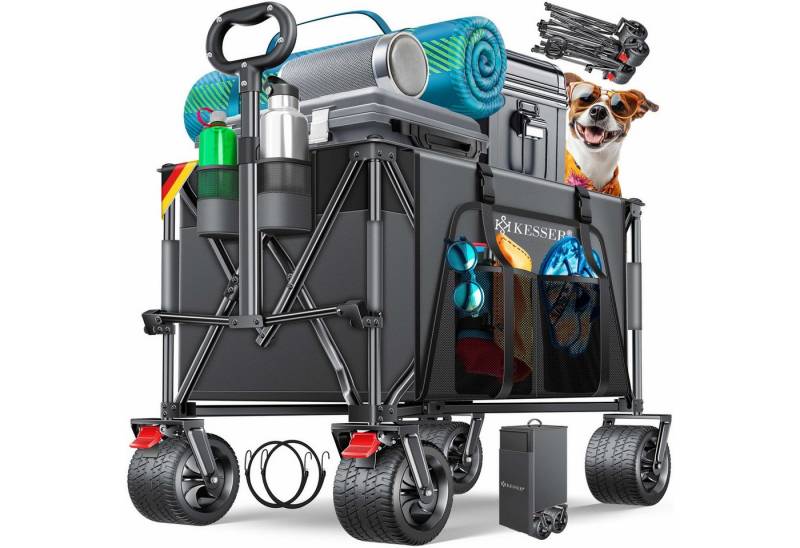 KESSER Bollerwagen GTR9000 Handwagen Outdoor Transportwagen 200L Stauraum 360° Räder (Strandwagen faltbar inklusive Cover, Seitentasche & Getränkehalter), Gartenwagen UV- & Wetterbeständig mit Feststell-Bremsen & breite Räder von KESSER