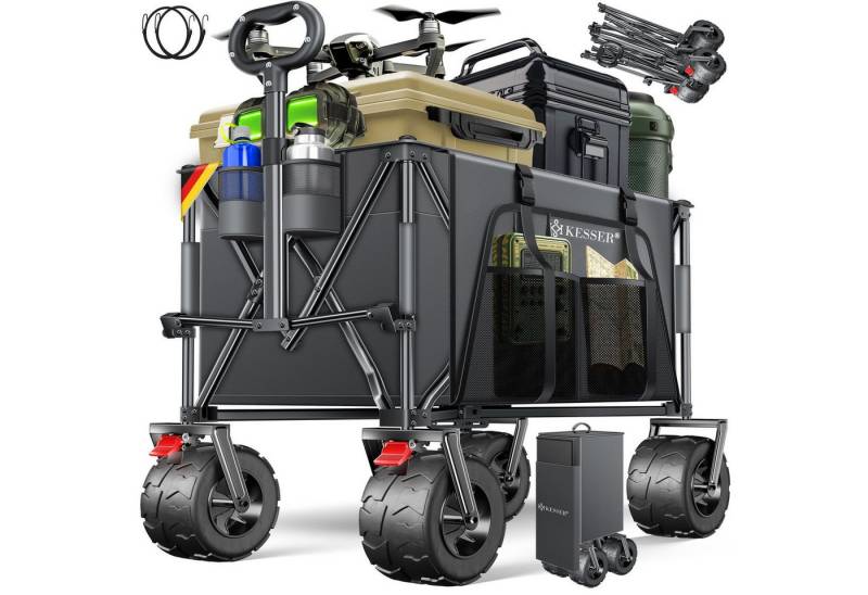 KESSER Bollerwagen GTR9000 Handwagen Outdoor Transportwagen 200L Stauraum 360° Räder (Strandwagen faltbar inklusive Cover, Seitentasche & Getränkehalter), Gartenwagen UV- & Wetterbeständig mit Feststell-Bremsen & breite Räder von KESSER