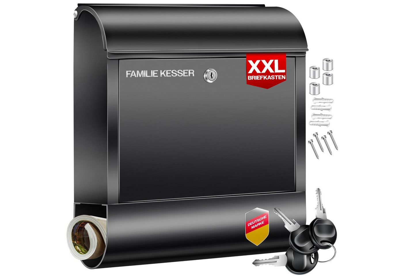 KESSER Briefkasten, Wandbriefkasten aus Edelstahl mit Zeitungsfach gebürstet 3x Schlüssel von KESSER