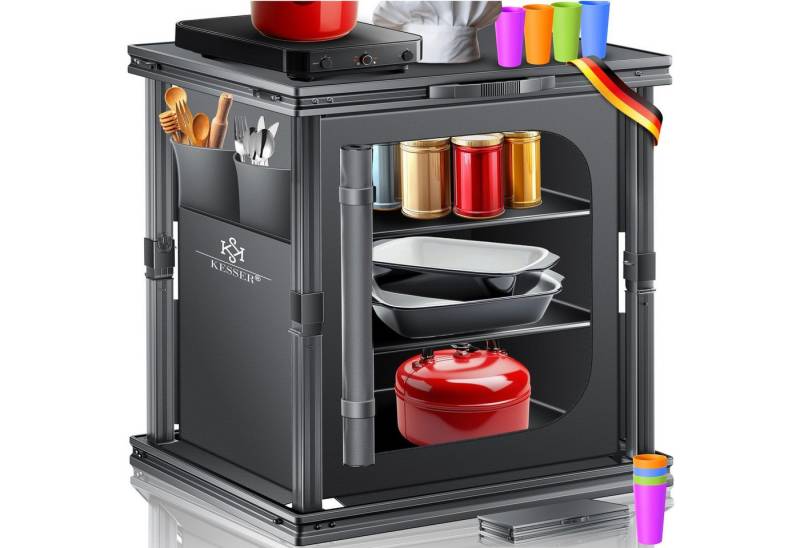 KESSER Campingschrank mit Aluminiumgestell Campingküche faltbar 60x80cm 3-Fachböden (Küchenschrank inkl. 4er Becherset, Seitentaschen & Fliegengitter) Outdoor Camping Küche UV-resistent von KESSER