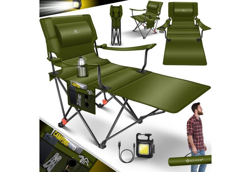 KESSER Campingstuhl 2in1 Campingliege klappbar Campingstuhl bis 160kg Campingbett (Campinglicht & Getränkehalter + Aufbewahrungstasche & Transporttasche), Angelliege verstellbar faltbar extra breit von KESSER
