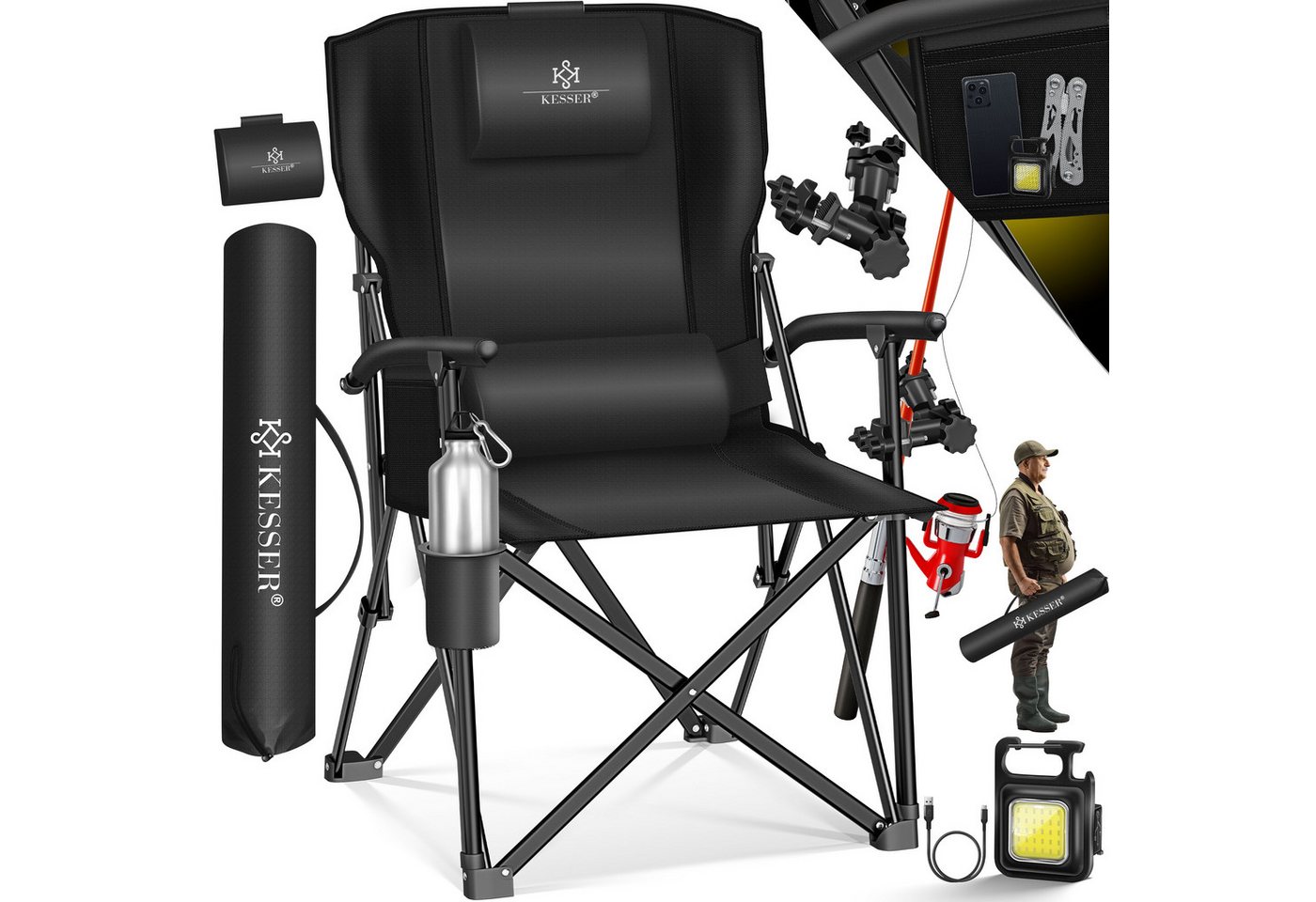 KESSER Campingstuhl Angelstuhl bis 160kg Faltstuhl Klappstuhl Gepolstert mit Armlehnen (Strandstuhl mit hoher Rückenlehne + Tasche), Campingstuhl Inkl. Campinglicht, Angelhalterung und Getränkehalter von KESSER
