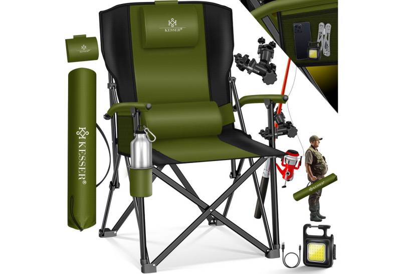 KESSER Campingstuhl Angelstuhl bis 160kg Faltstuhl Klappstuhl Gepolstert mit Armlehnen (Strandstuhl mit hoher Rückenlehne + Tasche), Campingstuhl Inkl. Campinglicht, Angelhalterung und Getränkehalter von KESSER