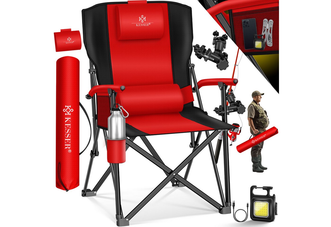 KESSER Campingstuhl Angelstuhl bis 160kg Faltstuhl Klappstuhl Gepolstert mit Armlehnen (Strandstuhl mit hoher Rückenlehne + Tasche), Campingstuhl Inkl. Campinglicht, Angelhalterung und Getränkehalter von KESSER