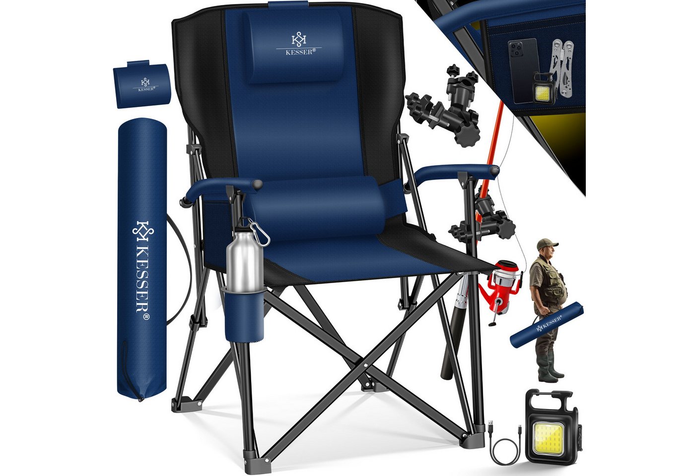 KESSER Campingstuhl Angelstuhl bis 160kg Faltstuhl Klappstuhl Gepolstert mit Armlehnen (Strandstuhl mit hoher Rückenlehne + Tasche), Campingstuhl Inkl. Campinglicht, Angelhalterung und Getränkehalter von KESSER