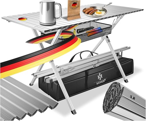 KESSER® Campingtisch faltbar Klapptisch mit Aluminiumrahmen Aufrollbare Tischplatte Falttisch klappbar 145x70x70cm bis 100kg inkl. Tragetasche mit Trageband & Netztasche, Silber von KESSER