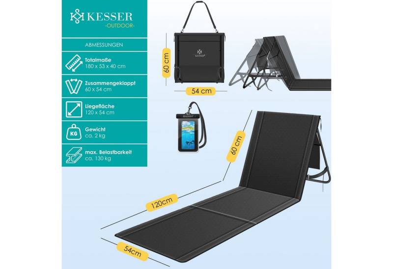 KESSER Gartenliege Strandmatte klappbar mit verstellbarer Rückenlehne max. 130 kg, 1 St., Strandliege mit Tragegurt, wasserdichter Handyhülle & Tragetasche, Sonnenliege faltbar für Strand, Garten & Terrasse Liegematte von KESSER