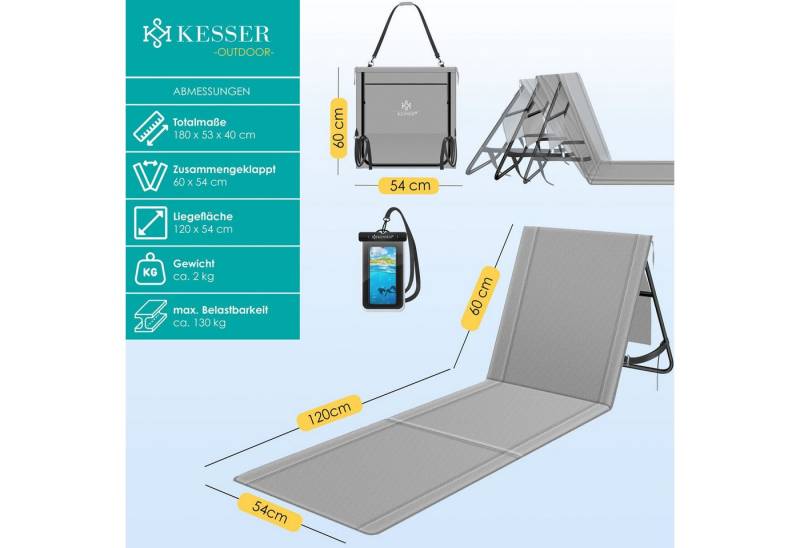 KESSER Gartenliege Strandmatte klappbar mit verstellbarer Rückenlehne max. 130 kg, 1 St., Strandliege mit Tragegurt, wasserdichter Handyhülle & Tragetasche, Sonnenliege faltbar für Strand, Garten & Terrasse Liegematte von KESSER