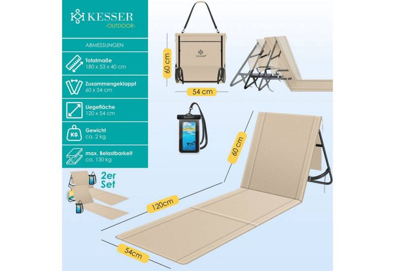 KESSER Gartenliege Strandmatte klappbar mit verstellbarer Rückenlehne max. 130 kg, 2 St., Strandliege mit Tragegurt, wasserdichter Handyhülle & Tragetasche, Sonnenliege faltbar für Strand, Garten & Terrasse Liegematte von KESSER