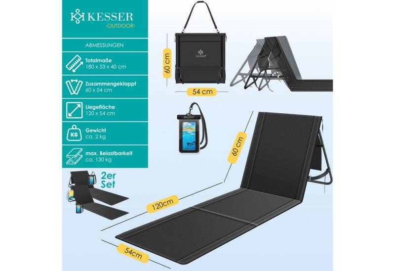 KESSER Gartenliege Strandmatte klappbar mit verstellbarer Rückenlehne max. 130 kg, Strandliege mit Tragegurt, wasserdichter Handyhülle & Tragetasche, Sonnenliege faltbar für Strand, Garten & Terrasse Liegematte von KESSER
