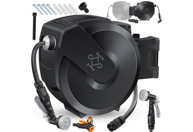 KESSER Gartenschlauch Wasserschlauchtrommel 180° schwenkbar & automatische Aufrollung, (Inklusive ergonomischer 7-Funktionen-Power-Handbrause), Schlauchtrommel mit Gartenschlauch zur Wandmontage Wand-Schlauchbox von KESSER