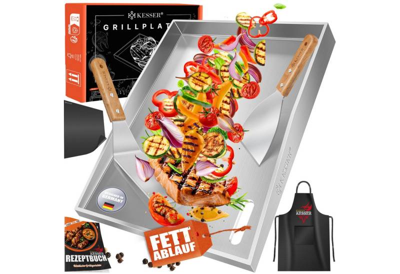 KESSER Grillplatte Plancha aus Edelstahl hitzebeständig bis 800°C (inklusive 2 Spatel, Grillschürze, Grillmatte & Rezeptbuch), Grill Platte für Gas- & Holzkohlegrill mit Fettablauf & Anti-Stick von KESSER