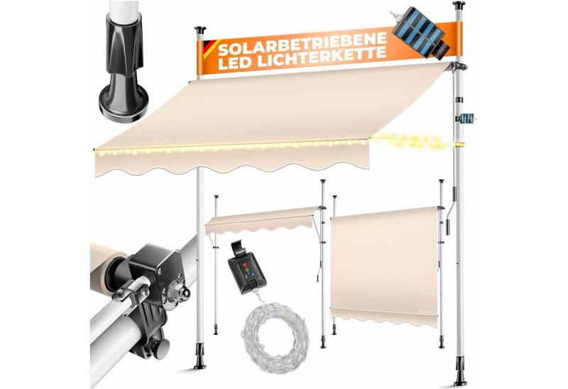 KESSER Klemmmarkise mit Handkurbel & LED, 200x180cm Balkonmarkise ohne Bohren UV-Beständig (Markise + solarbetriebene LED Lichterkette, höhenverstellbar 176-305cm) Sicht- & Sonnenschutz für Balkon Terrasse & Garten, wasserabweisend von KESSER