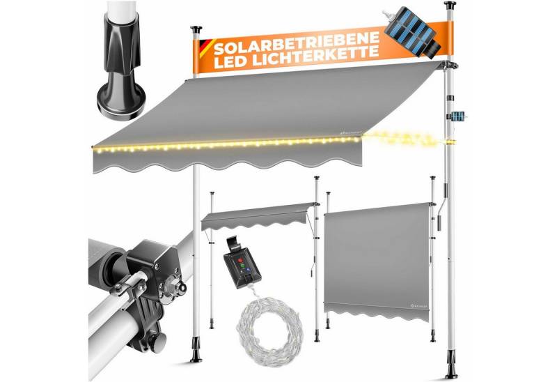 KESSER Klemmmarkise mit Handkurbel & LED, 150x180cm Balkonmarkise ohne Bohren UV-Beständig (Markise + solarbetriebene LED Lichterkette, höhenverstellbar 176-305cm) Sicht- & Sonnenschutz für Balkon Terrasse & Garten, wasserabweisend von KESSER