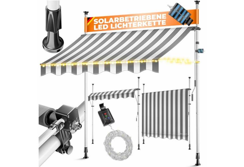 KESSER Klemmmarkise mit Handkurbel & LED, 150x180cm Balkonmarkise ohne Bohren UV-Beständig (Markise + solarbetriebene LED Lichterkette, höhenverstellbar 176-305cm) Sicht- & Sonnenschutz für Balkon Terrasse & Garten, wasserabweisend von KESSER